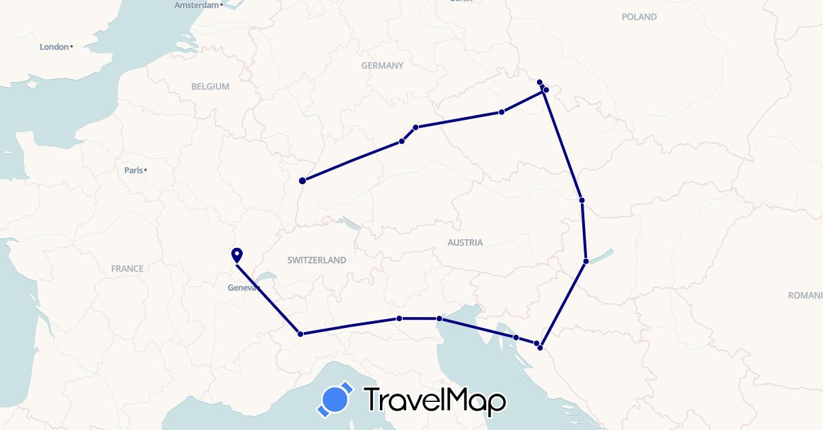 TravelMap itinerary: driving in Czech Republic, Germany, France, Croatia, Hungary, Italy, Slovakia (Europe)